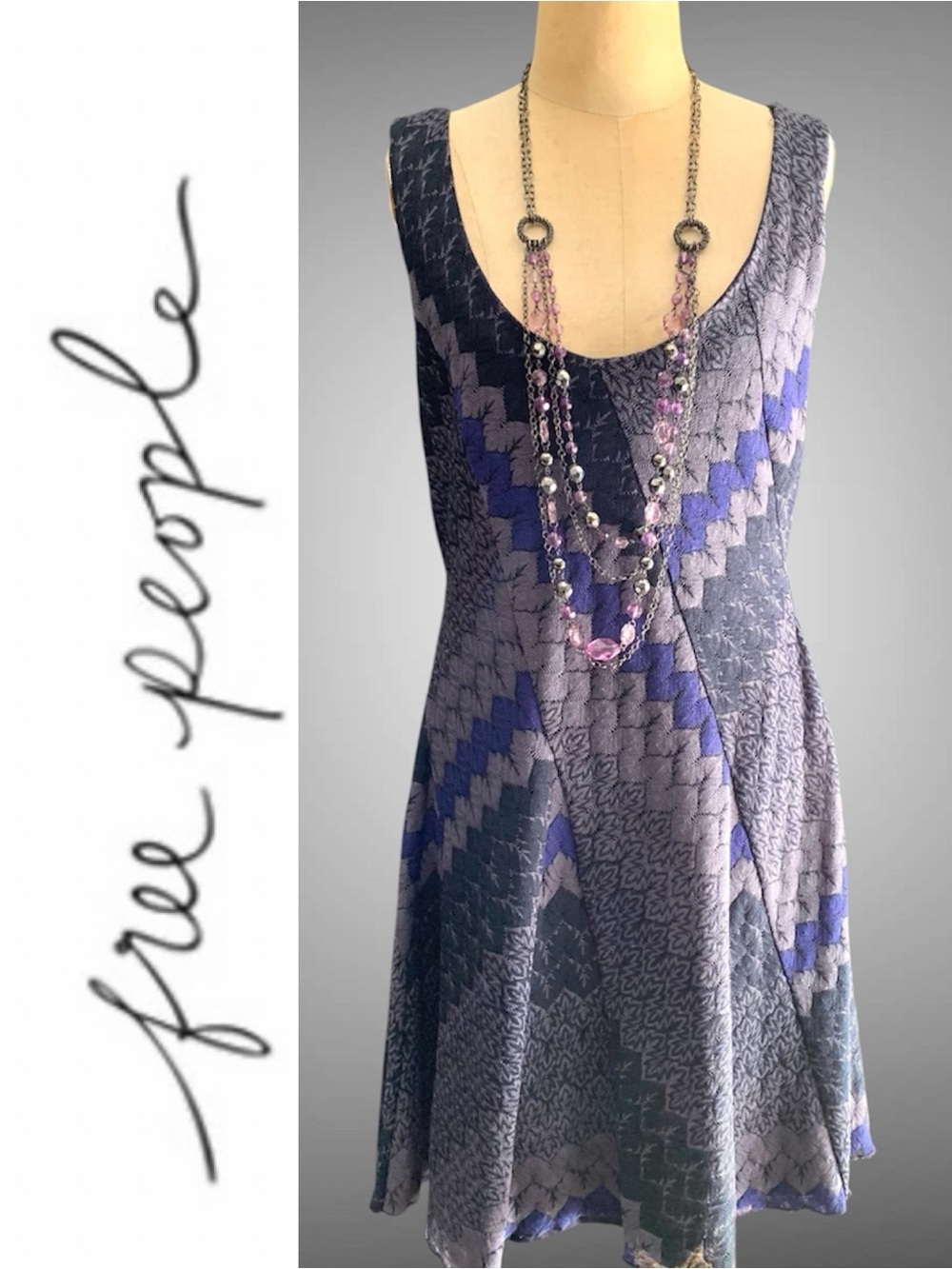 Free People "My One & Only" Indigo Combo Chevron Knit Swing Mini Dress- L